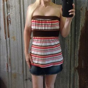 Strapless Striped Bandeau Runched Empire Band Waist Tunic